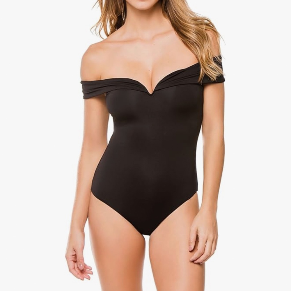BECCA Black Off Shoulder One Piece Swimsuit Open Back Tie Size M